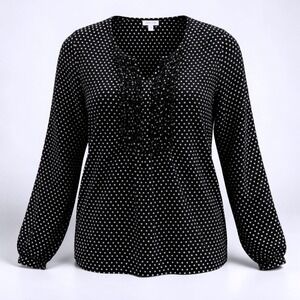 Talbots Polka Dot Ruffle Front Blouse Black White Long Sleeve Top Womens Medium